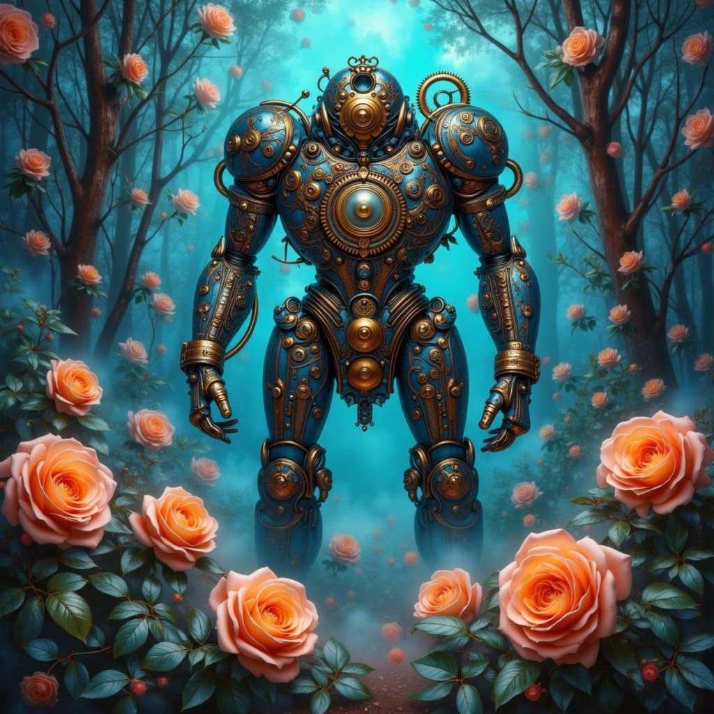 Clockwork Automaton Guards Luminous Rose Grove in Vintage An...