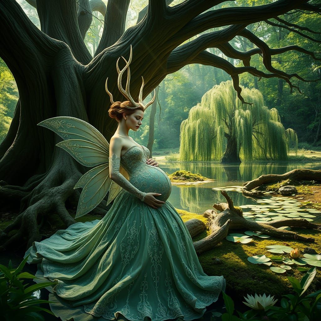 Majestic Pregnant Fairy Goddess in Epic Gown