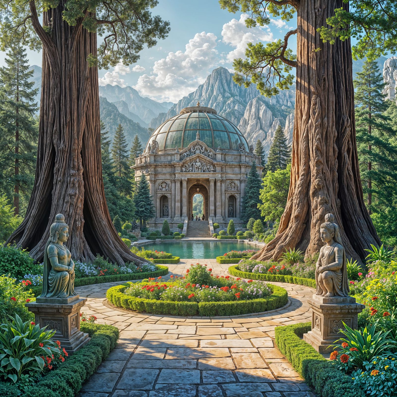 Ancient Temple Entrance Amidst Sequoias and Flower Garden