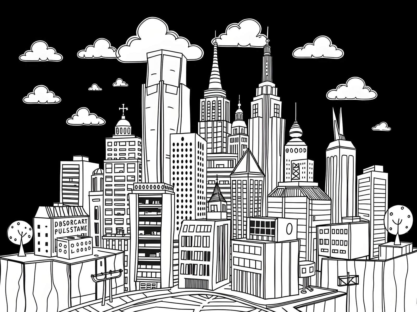Black and White Doodle of a 3D City