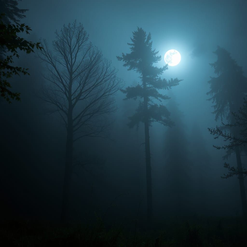 Mysterious Moonlit Mist in Fae Forest Scene