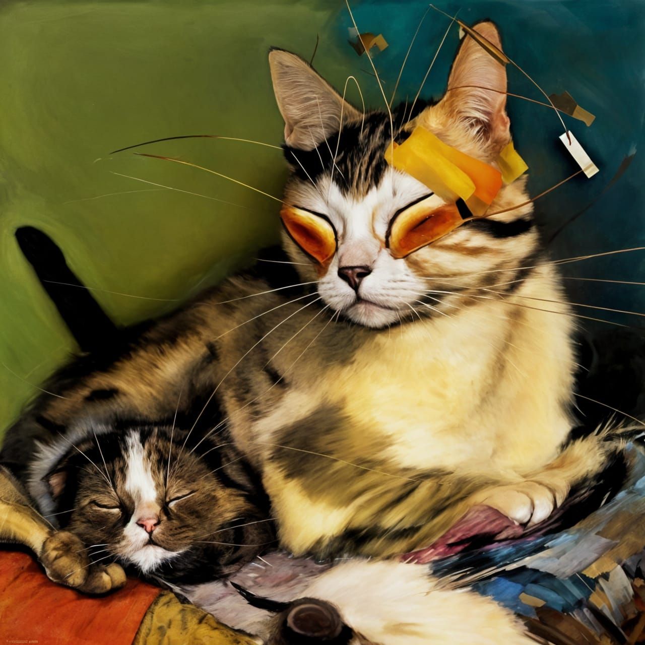 Detailed Cat on Pillow, Mixed Media Painting