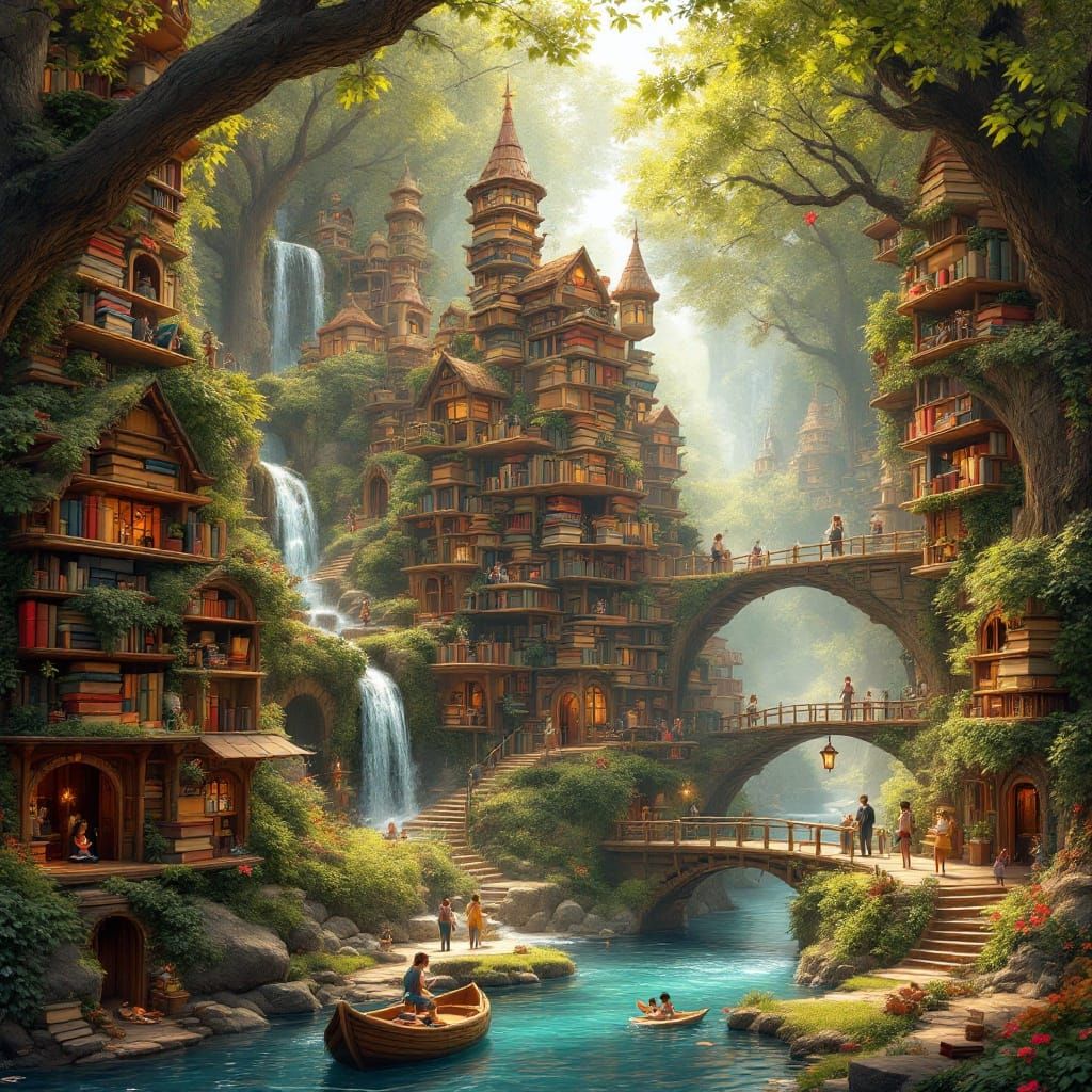 Whimsical Bookshelf Village in a Vibrant Landscape