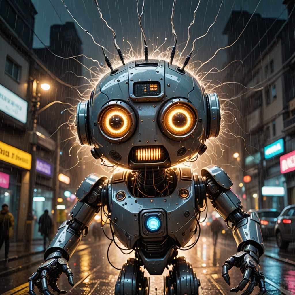 Electric Robot Leaps in Cyberpunk Rain