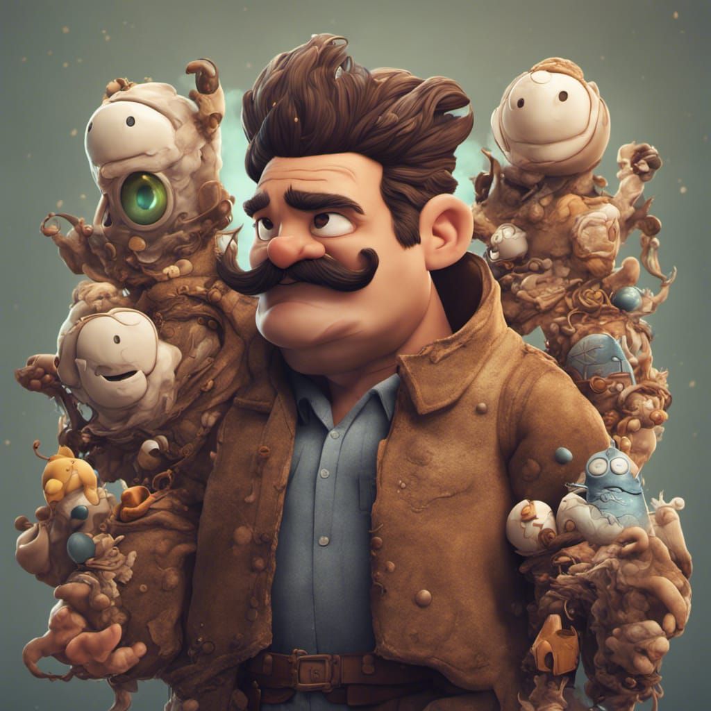 Cartoon Character with Brown Mustache, Detailed Art