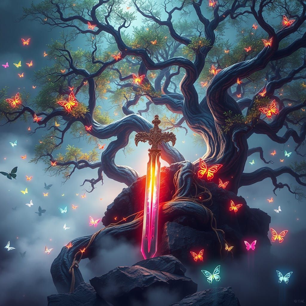 Majestic Sword in Ancient, Glowing Stone Landscape