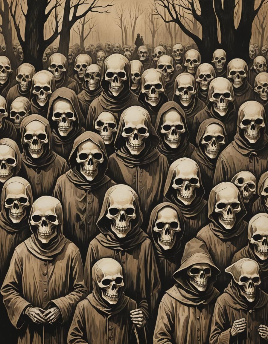 Eerie Skull Masks in Sepia Folk Art Woodcut