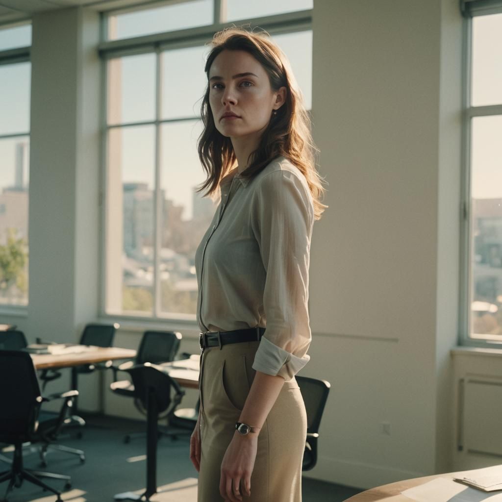 Stunning Woman in Sunlit Office Film Still