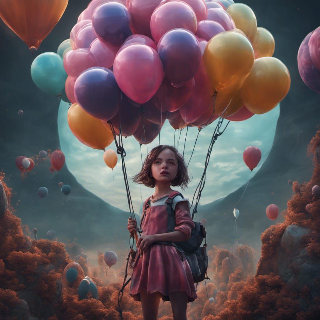 Girl Encased in Balloon: Detailed Matte Painting