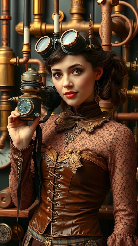 Steampunk Lady Scientist Displays Invention with Victorian F...