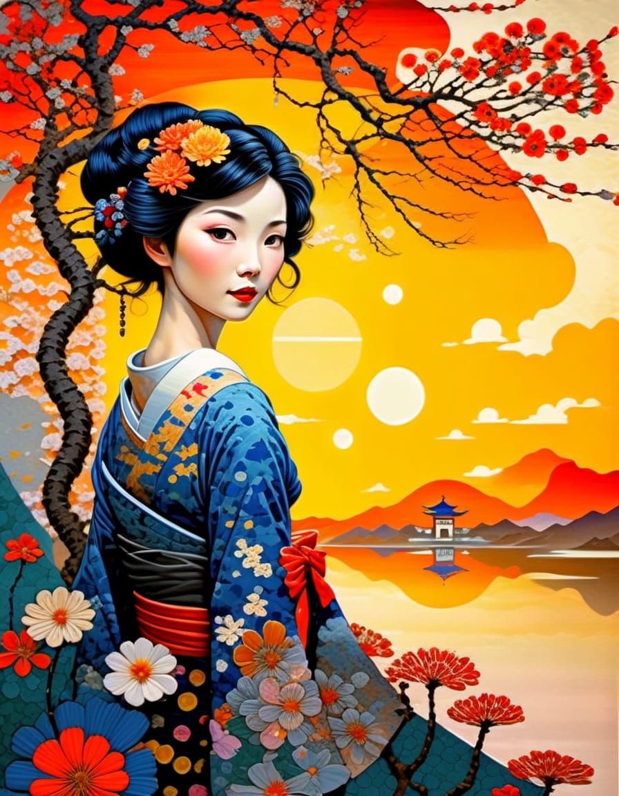 Geisha Under Cherry Blossoms at Sunset, Abstract Japanese Ar...