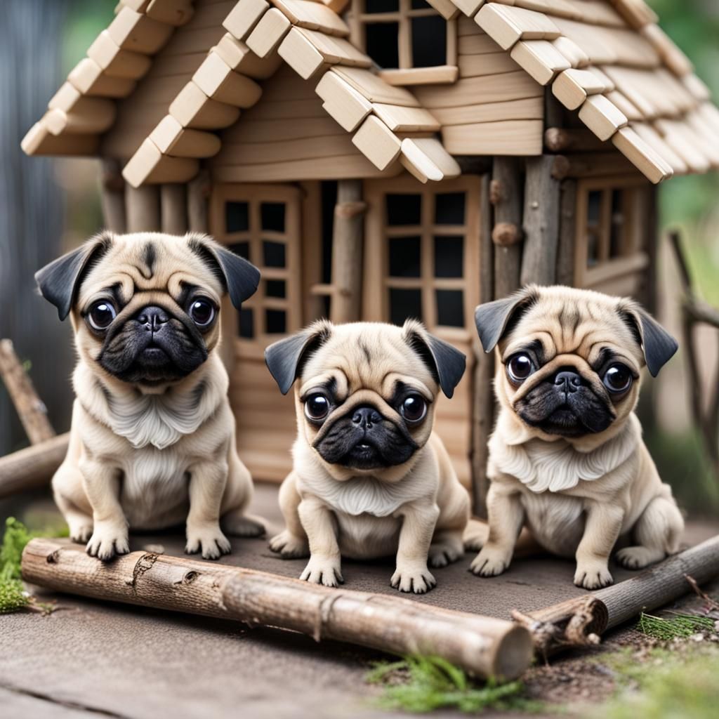 Three Chibi Pugs by a Stick House