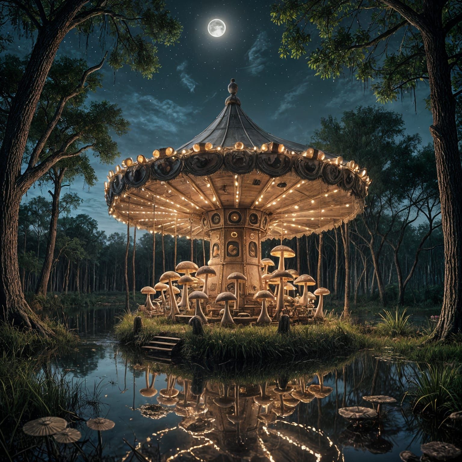 Mystical Swamp Merry-Go-Round in Moonlit Louisiana