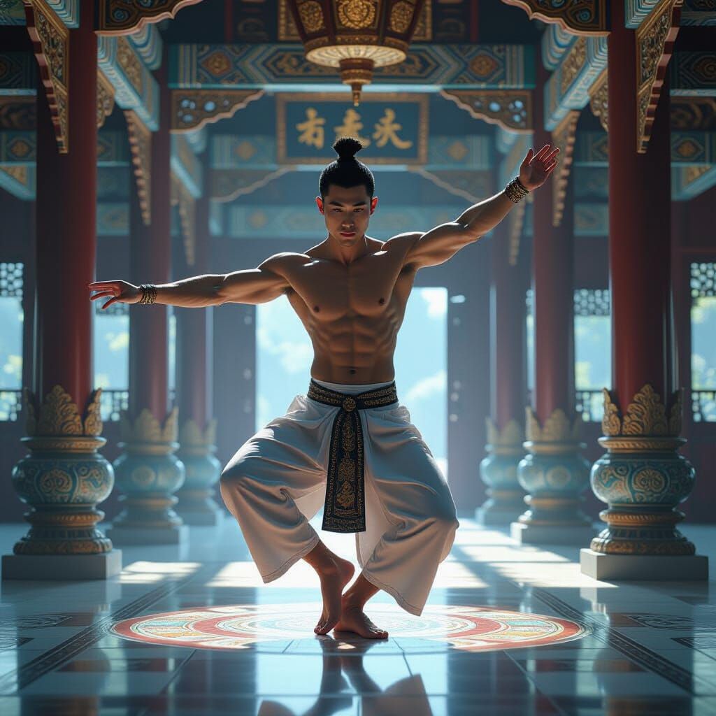 Photorealistic Buddhist Temple Dance by Young Man
