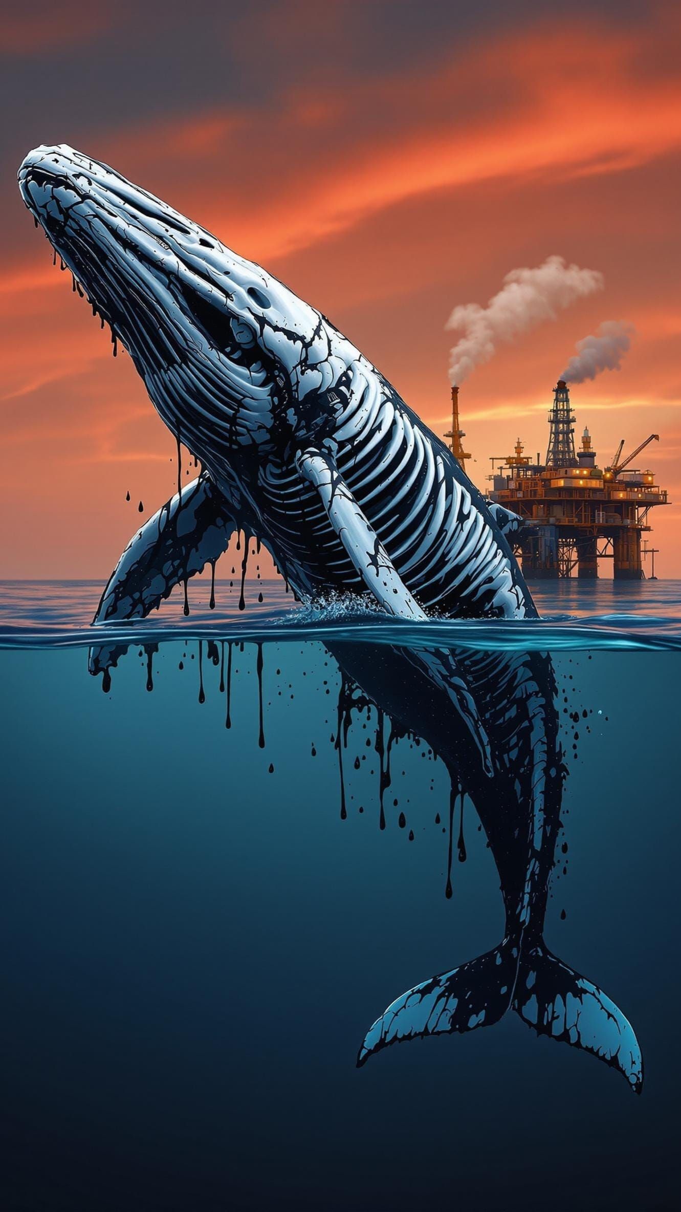 Surreal Whale Emerges from Oily Ocean