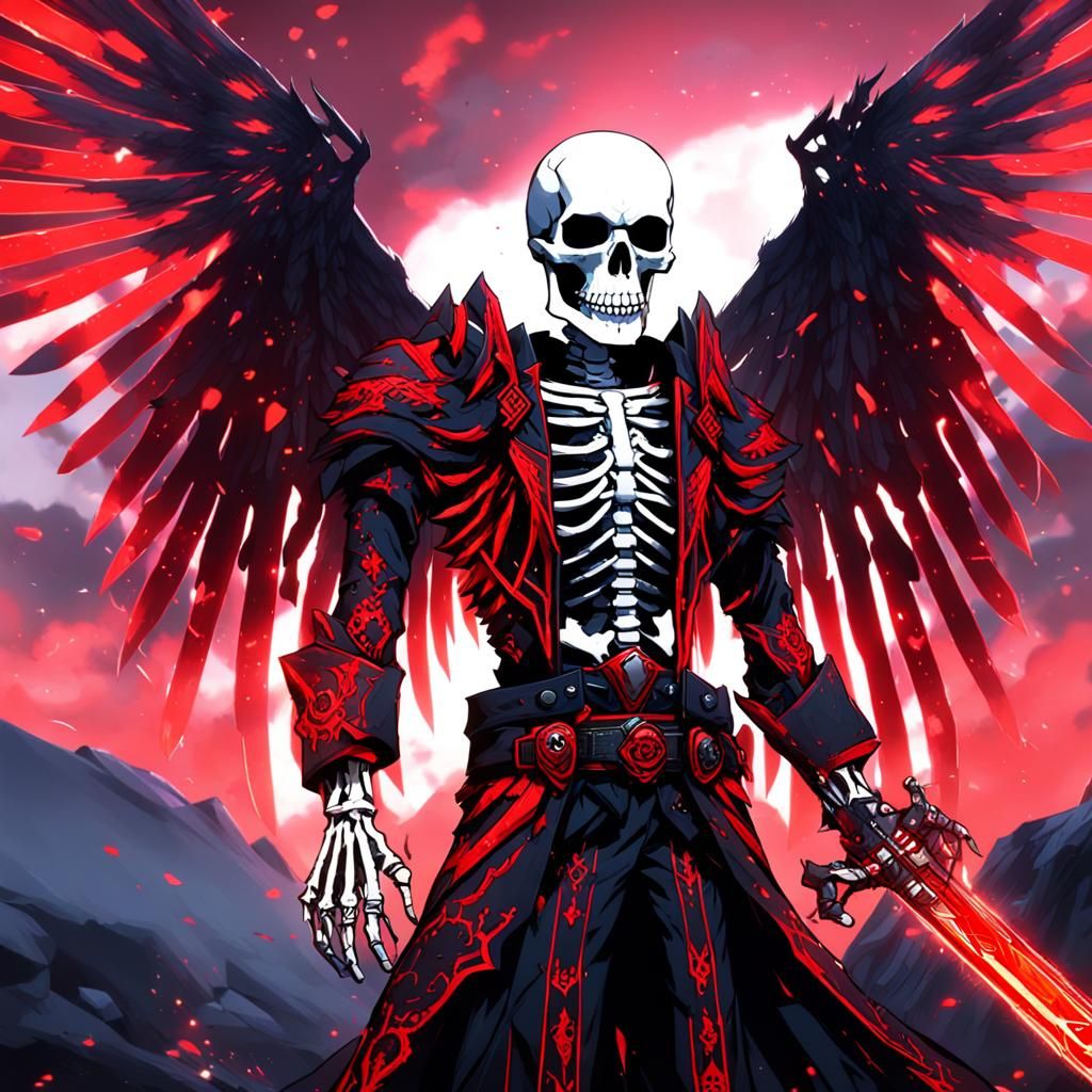 Skeleton Warrior with Flaming Wings in Anime Style