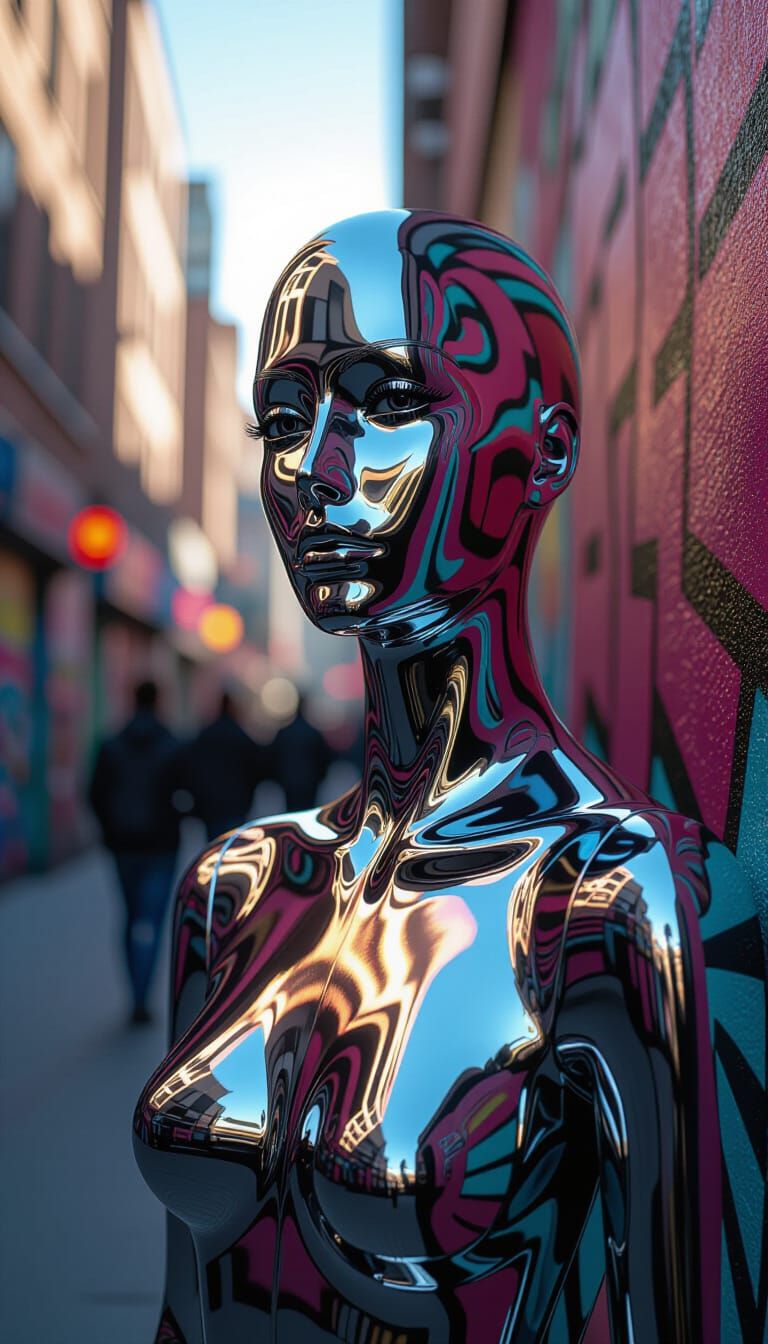 Metallic Mannequin with Mirror Face in Graffiti City