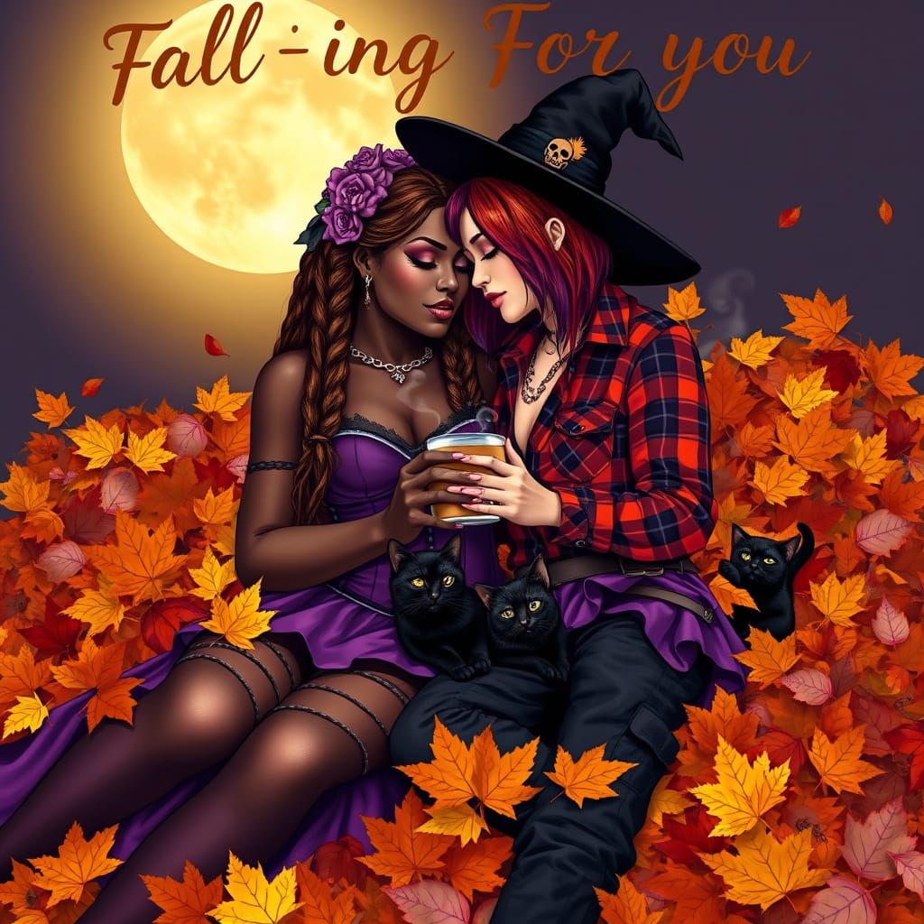Romantic Witches Fall Scene Under Harvest Moon
