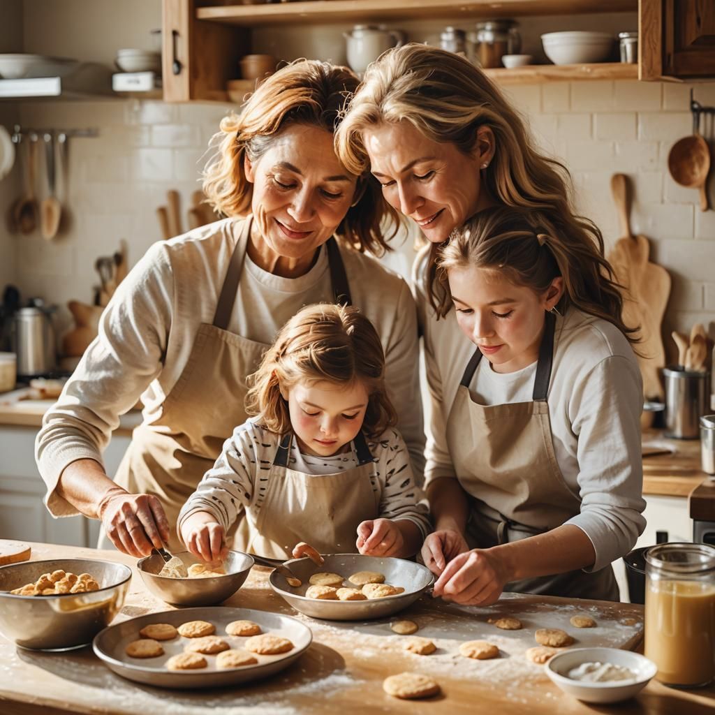 Mother and Daughter Baking: Impressionist Oil Painting