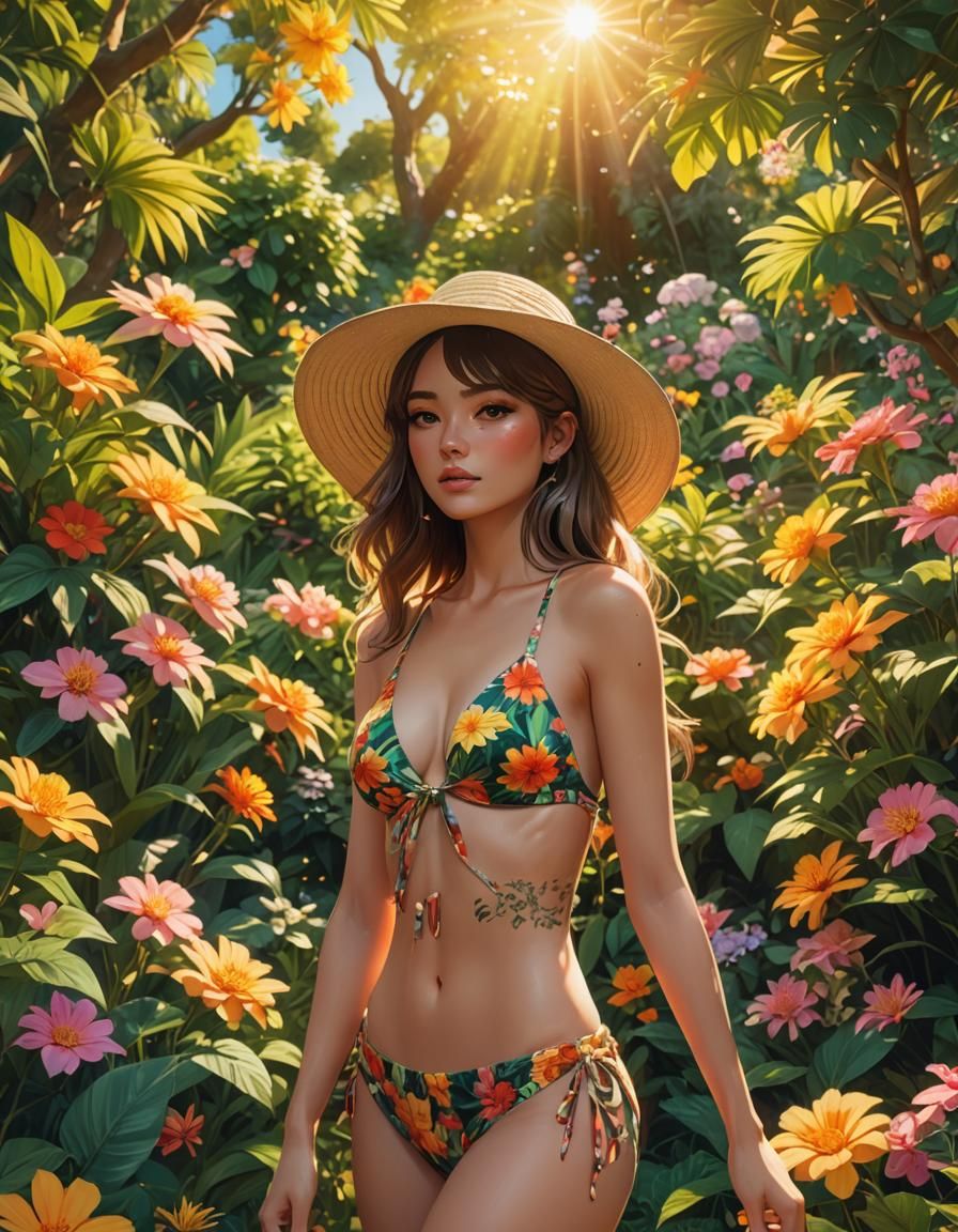 Beautiful Woman in Garden, Vibrant 3D Anime Art
