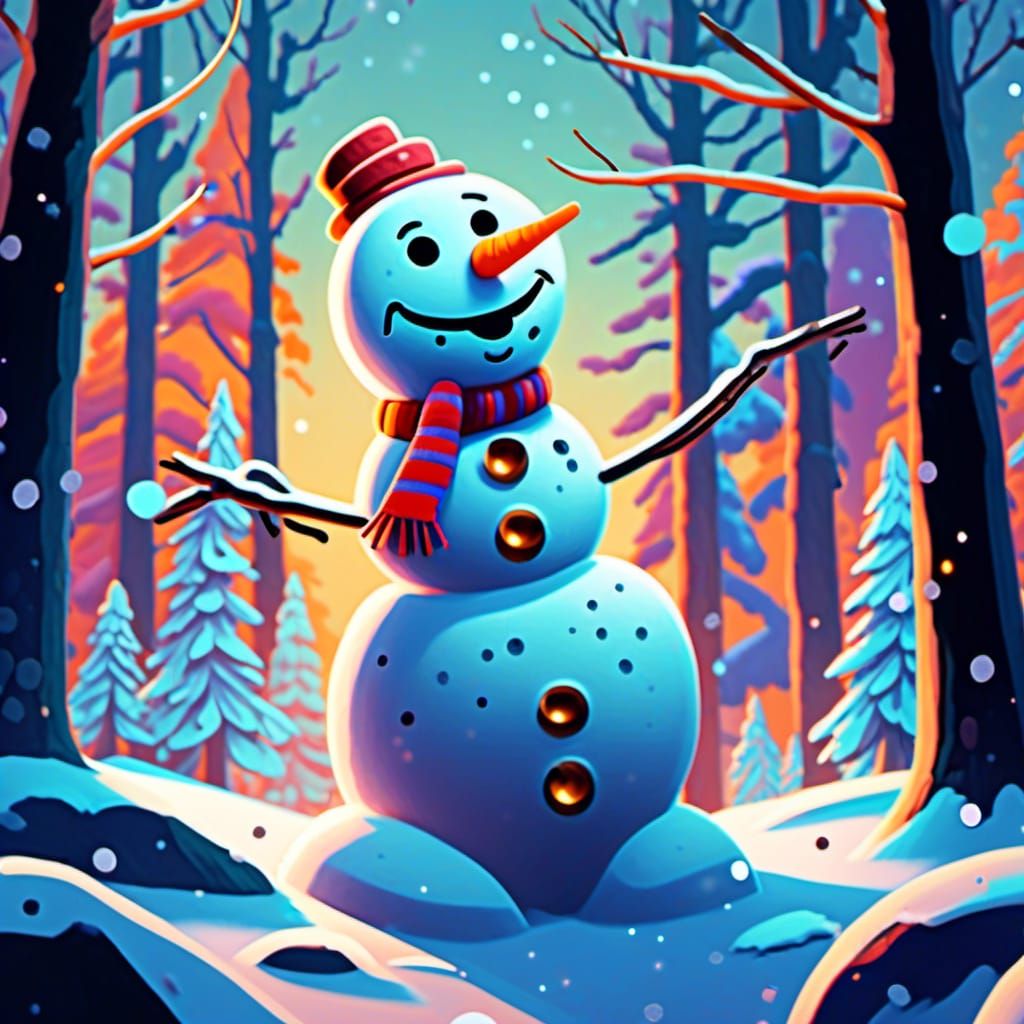 Snowman in Snowy Forest: Whimsical Illustration