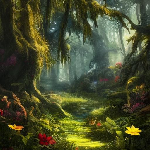 Lush Forest Scene with Cute Animals as Oil Painting