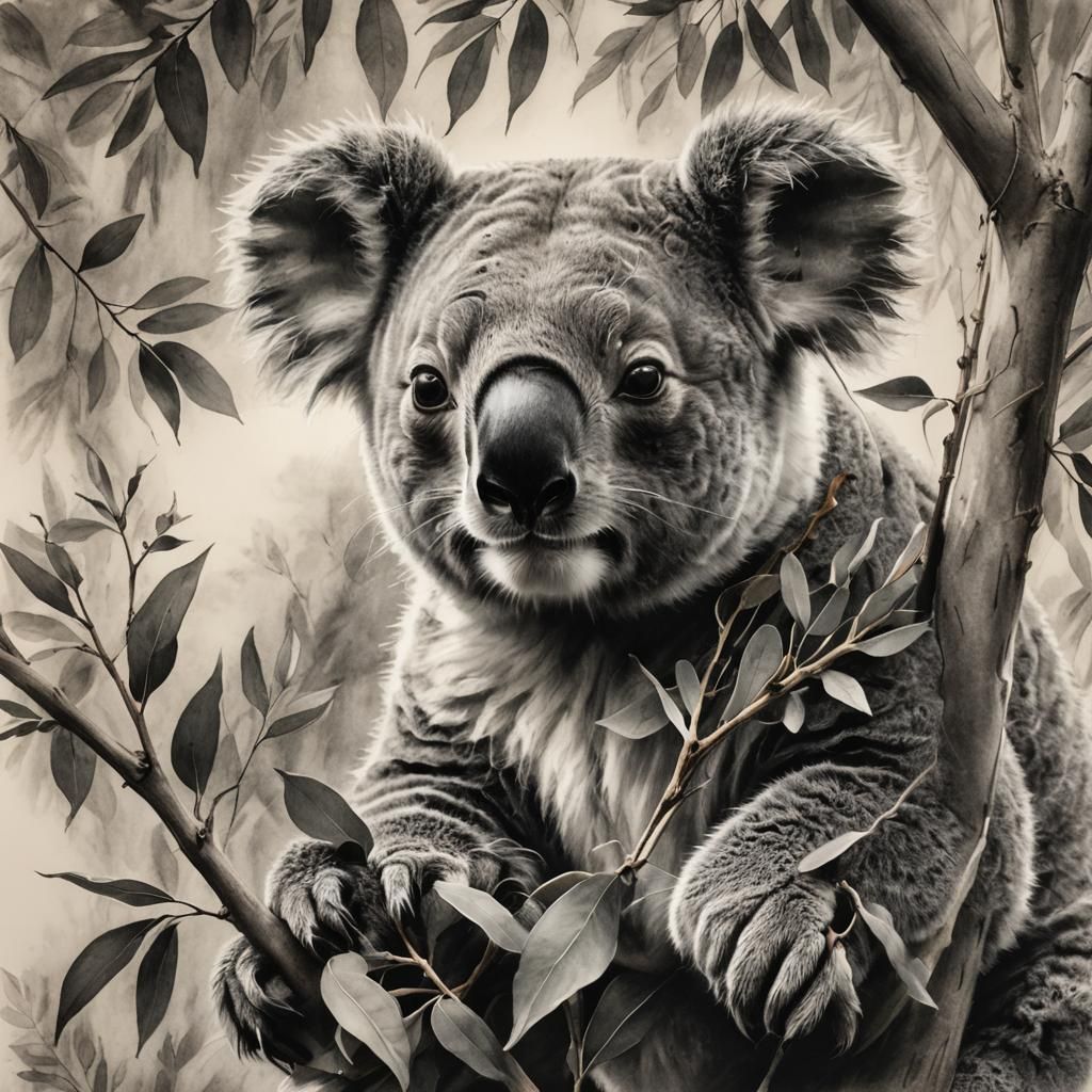 Koala Munching Eucalyptus Leaf: Charcoal Drawing