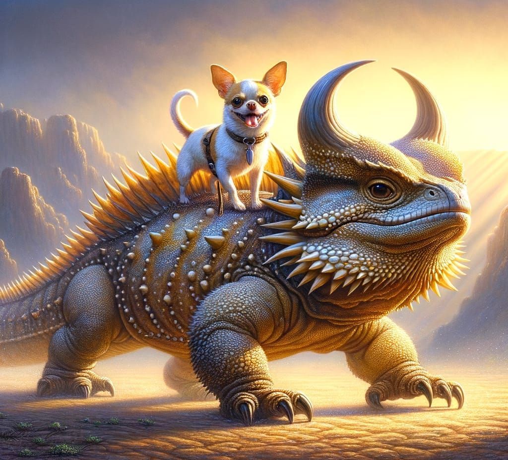 Chihuahua Rides Horned Lizard at Sunrise
