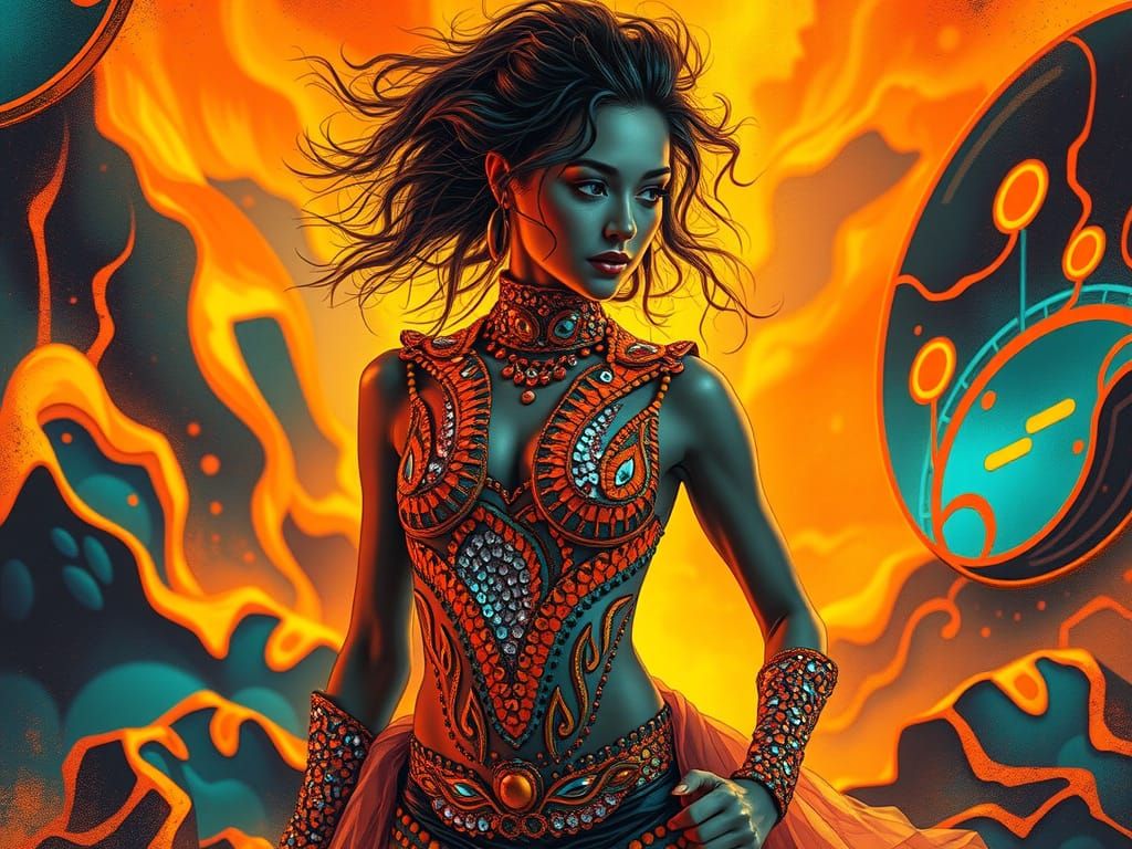 Ethereal Solarpunk Goddess Amidst Neon Landscape