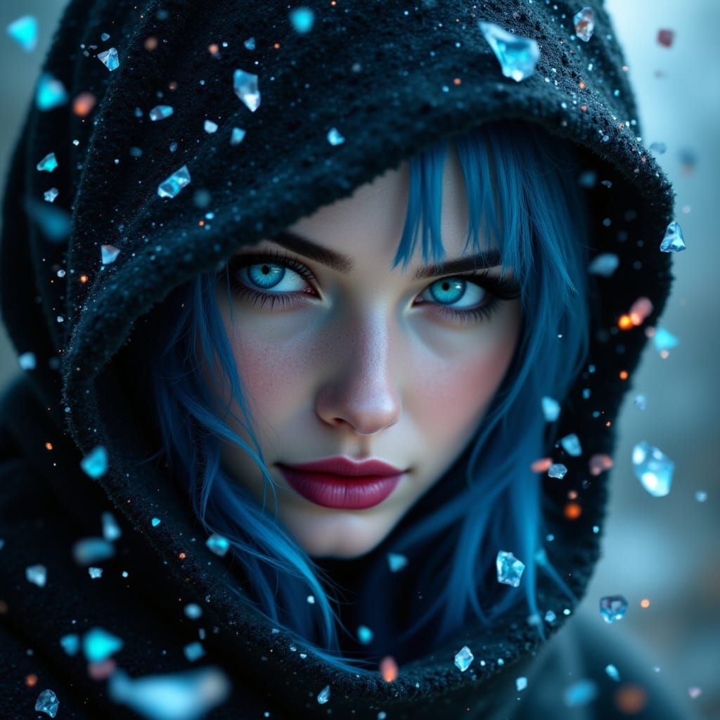 Beautiful Woman with Blue Hair and Fiery Motes
