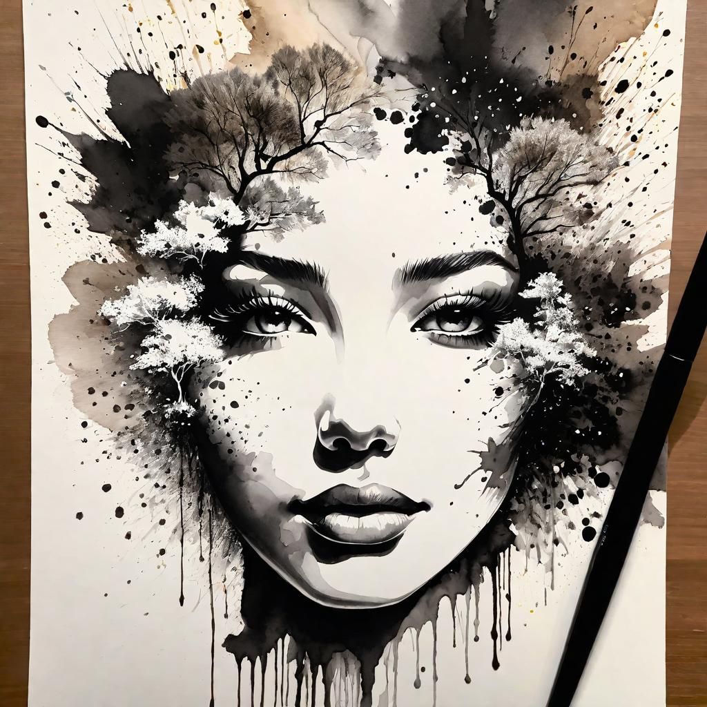 Ink Splatter Art: Abstract Tree and Beautiful Face