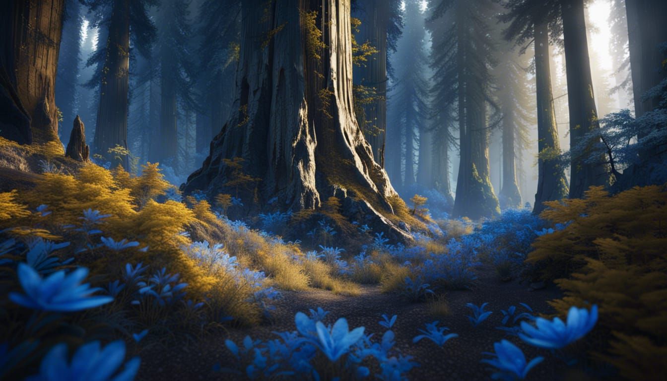 Epic White, Gold, and Blue Redwood Forest