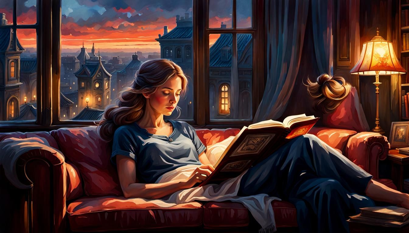 Woman Reading on Couch in Washed-Out Watercolor