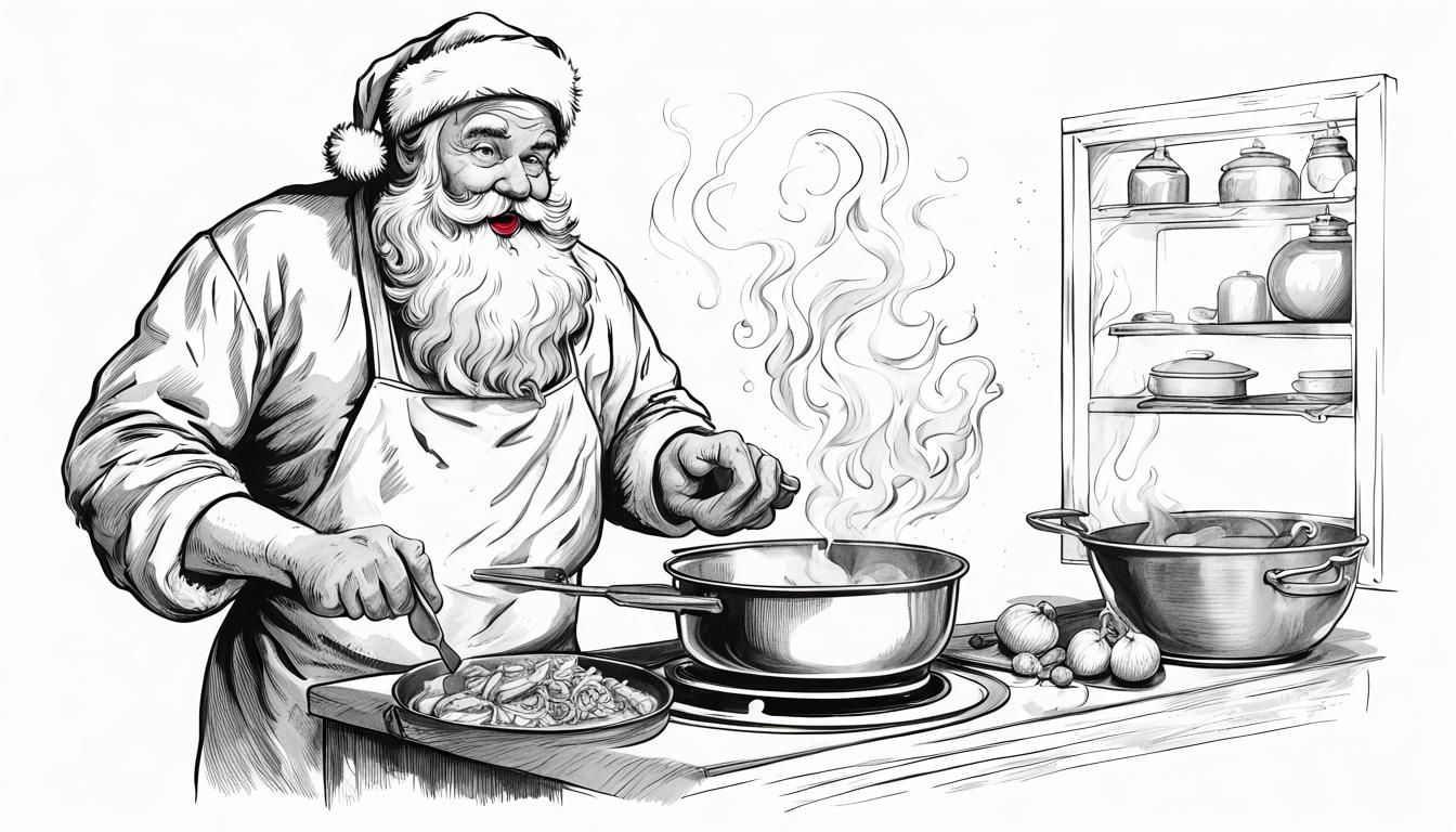 Santa Claus Cooking: Vintage Black and White Sketch