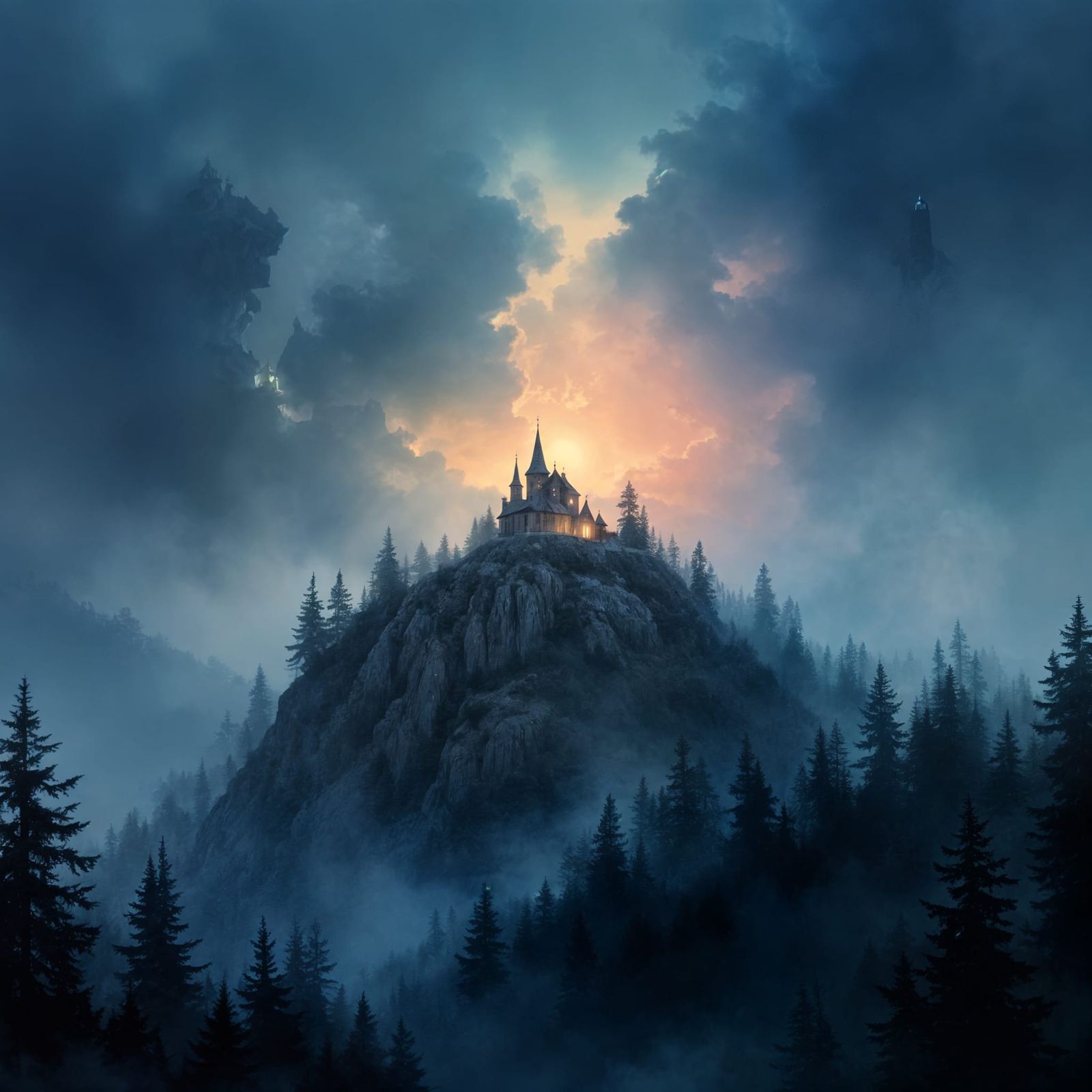Noble Beacon on Hilltop, Light in Dark Forest Landscape
