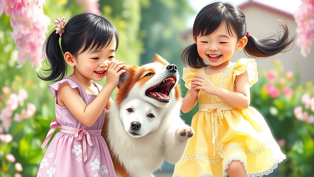 Asian Girls Playfully Interact with Energetic Herder Dog in ...