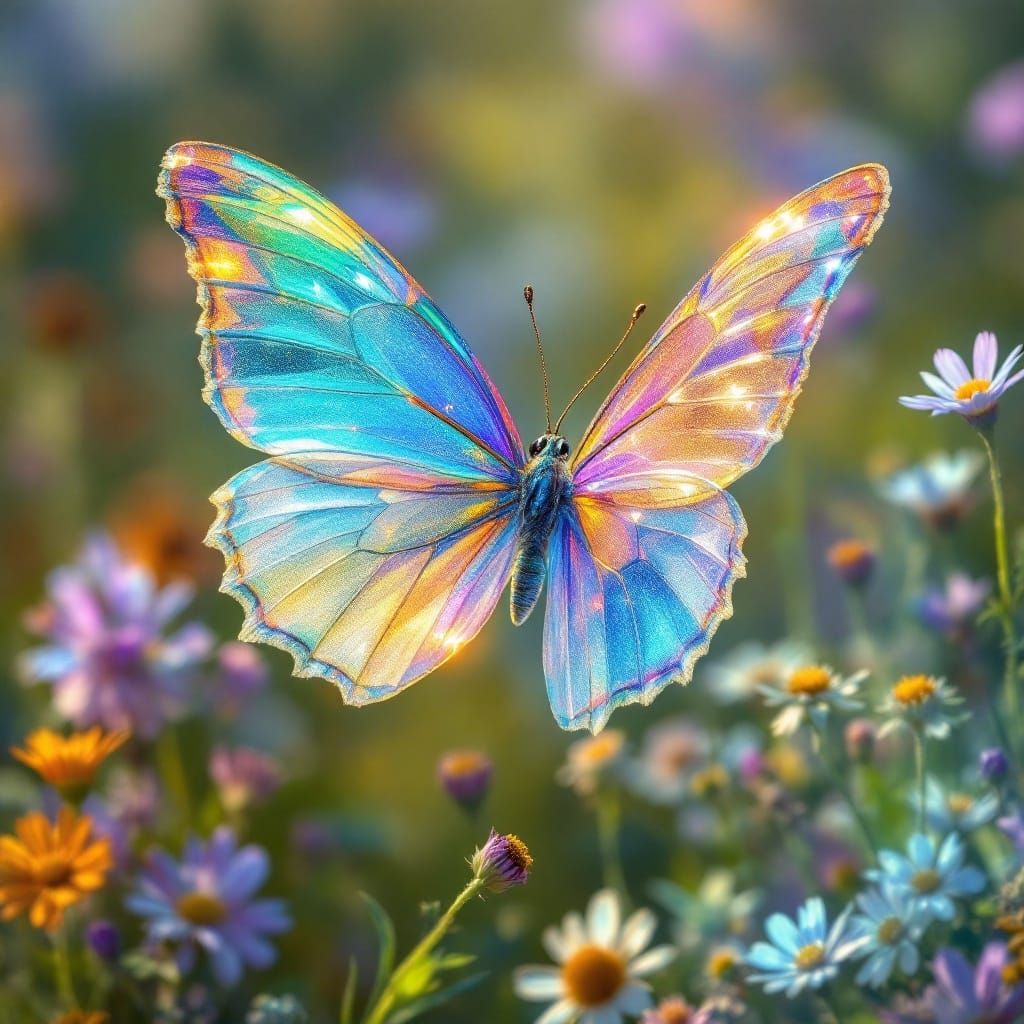 Crystal Winged Butterfly in Hyperrealistic Meadow