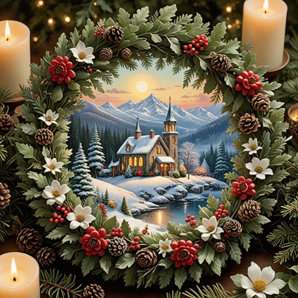 Surreal Winter Flowers Wreath in Whimsical Folk-Art Style