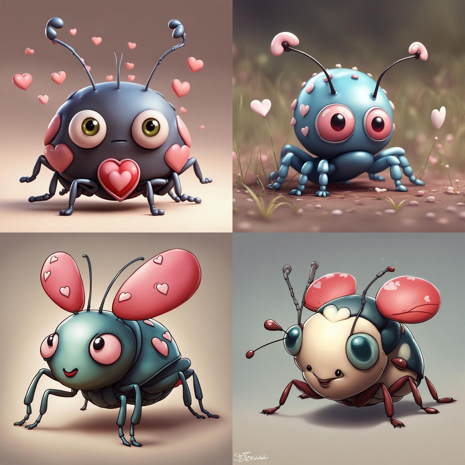 Cute Cartoon Bug with Hearts in Ghibli Chibi Style