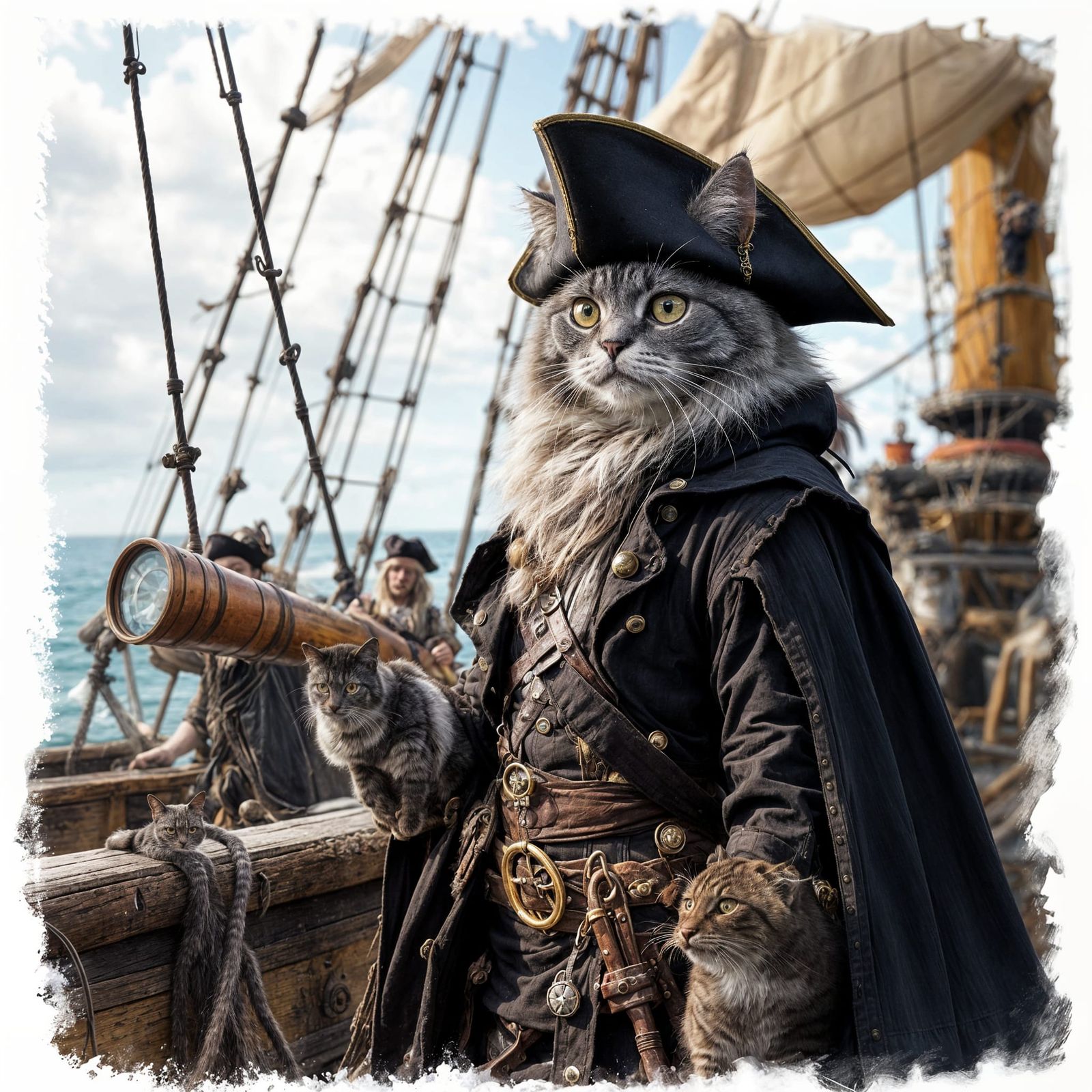 Feline Pirate Captain Stands at the Helm of His 18th Century...