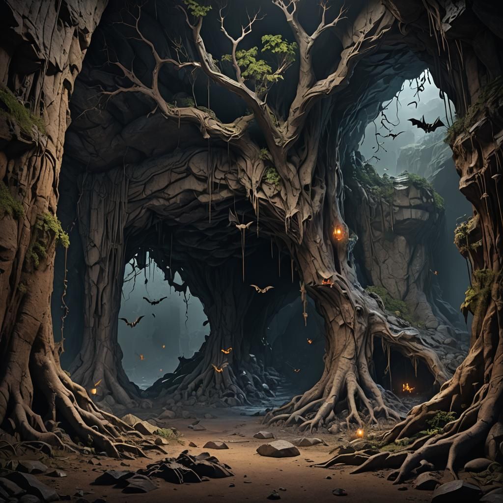 Eerie Cave with Bats and Rock Formations