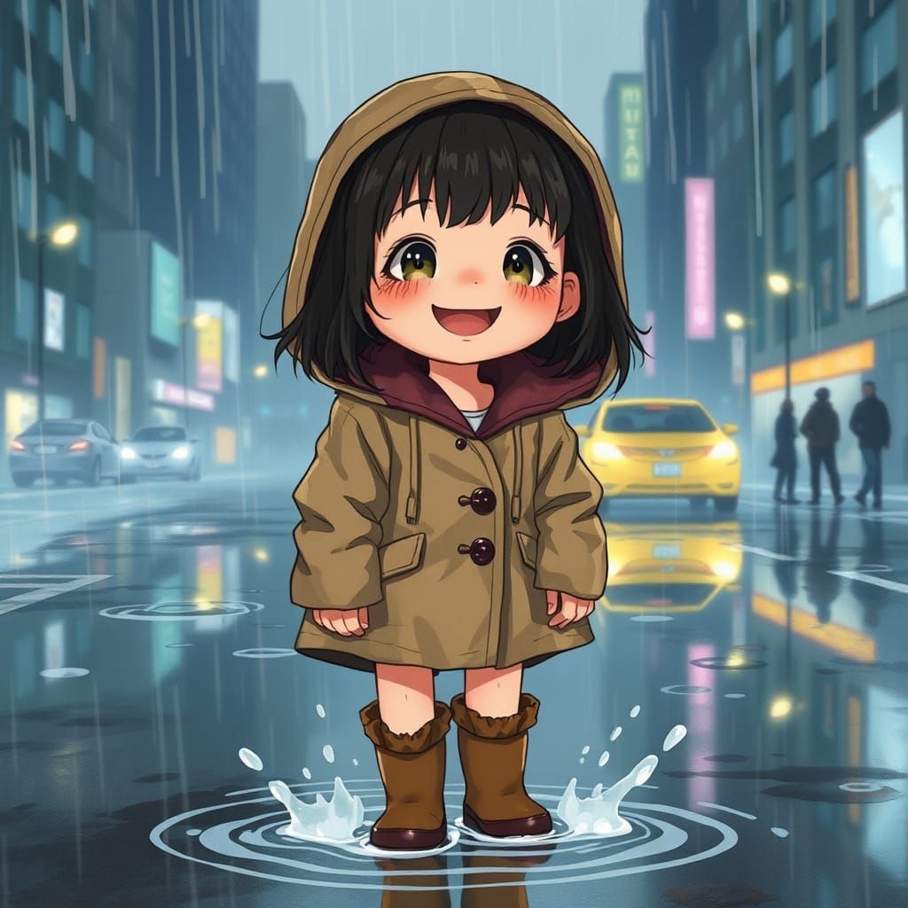 Resilient Girl's Rainy Day: Watercolor Cityscape