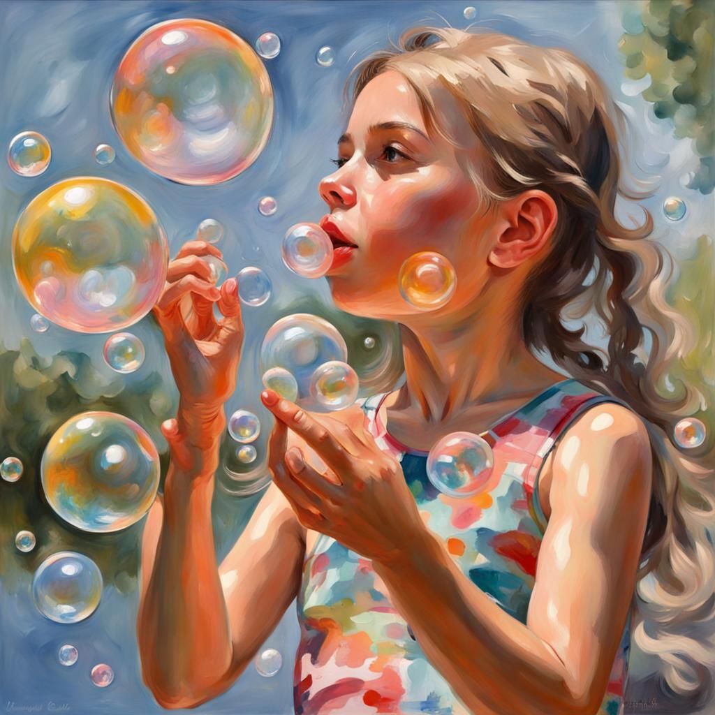 Girl Blowing Bubbles in Gouache Watercolor Style