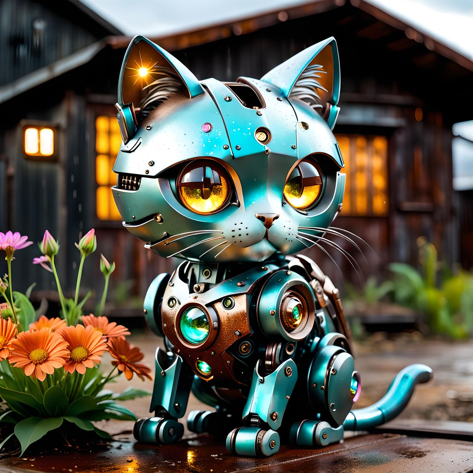 Patina Robot Cat in Fantasy Landscape