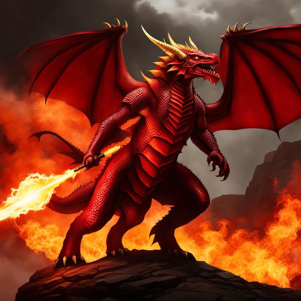 Majestic Red Dragonborn Breathing Fire