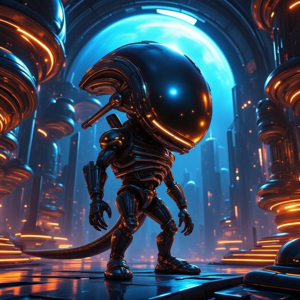 Adorable Xenomorph in Futuristic Spacecraft Liminal Space