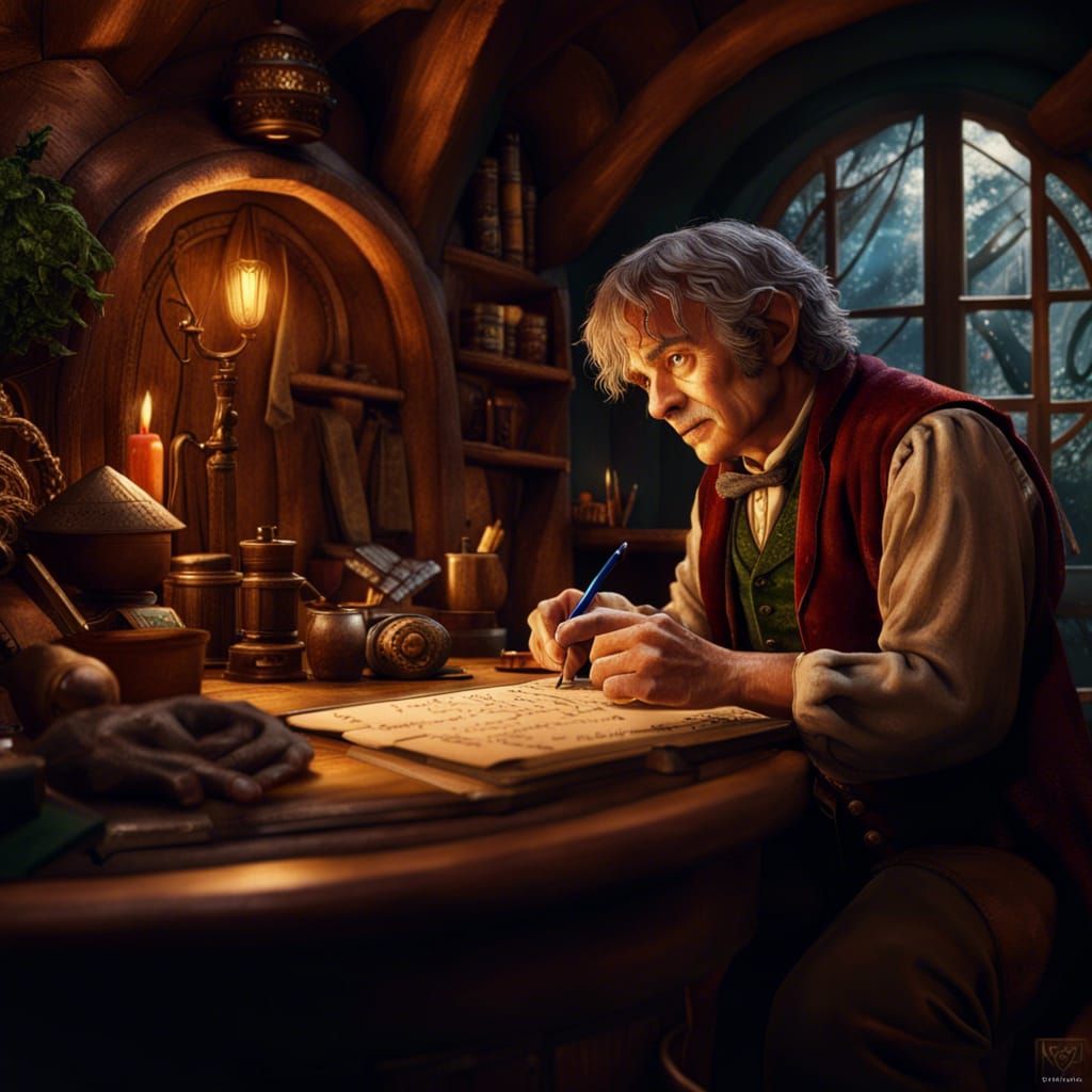 Bilbo Baggins Writing in Hobbit Hole, Detailed Matte Paintin...