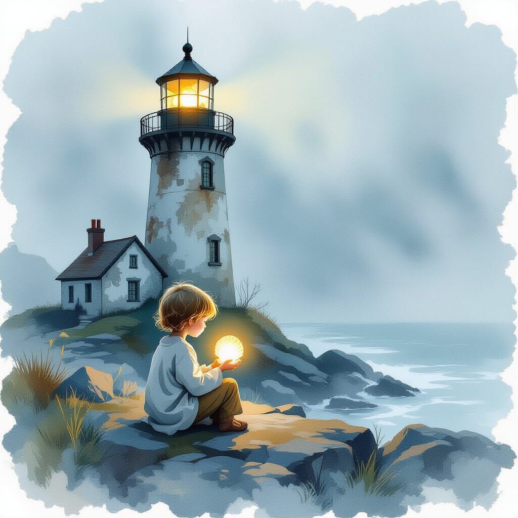 Child with Glowing Seashell by Ethereal Lighthouse