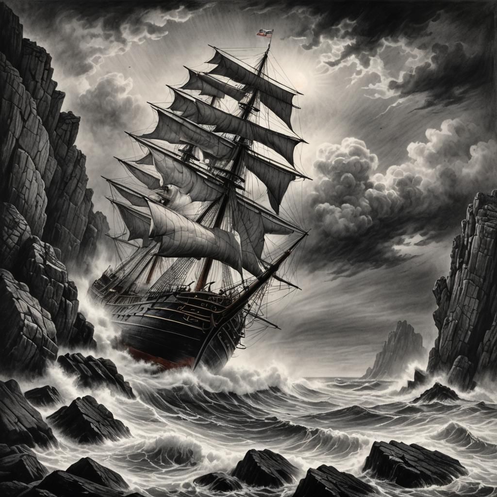 Dramatic Charcoal Drawing of Shipwrecked Sailing Vessel