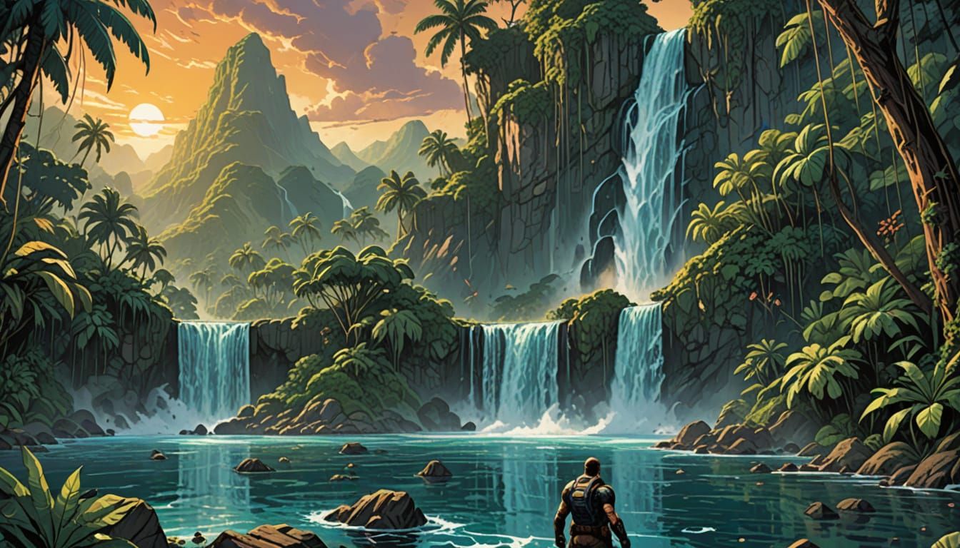 Heroic Figure Stands Tall in Tropical Lagoon